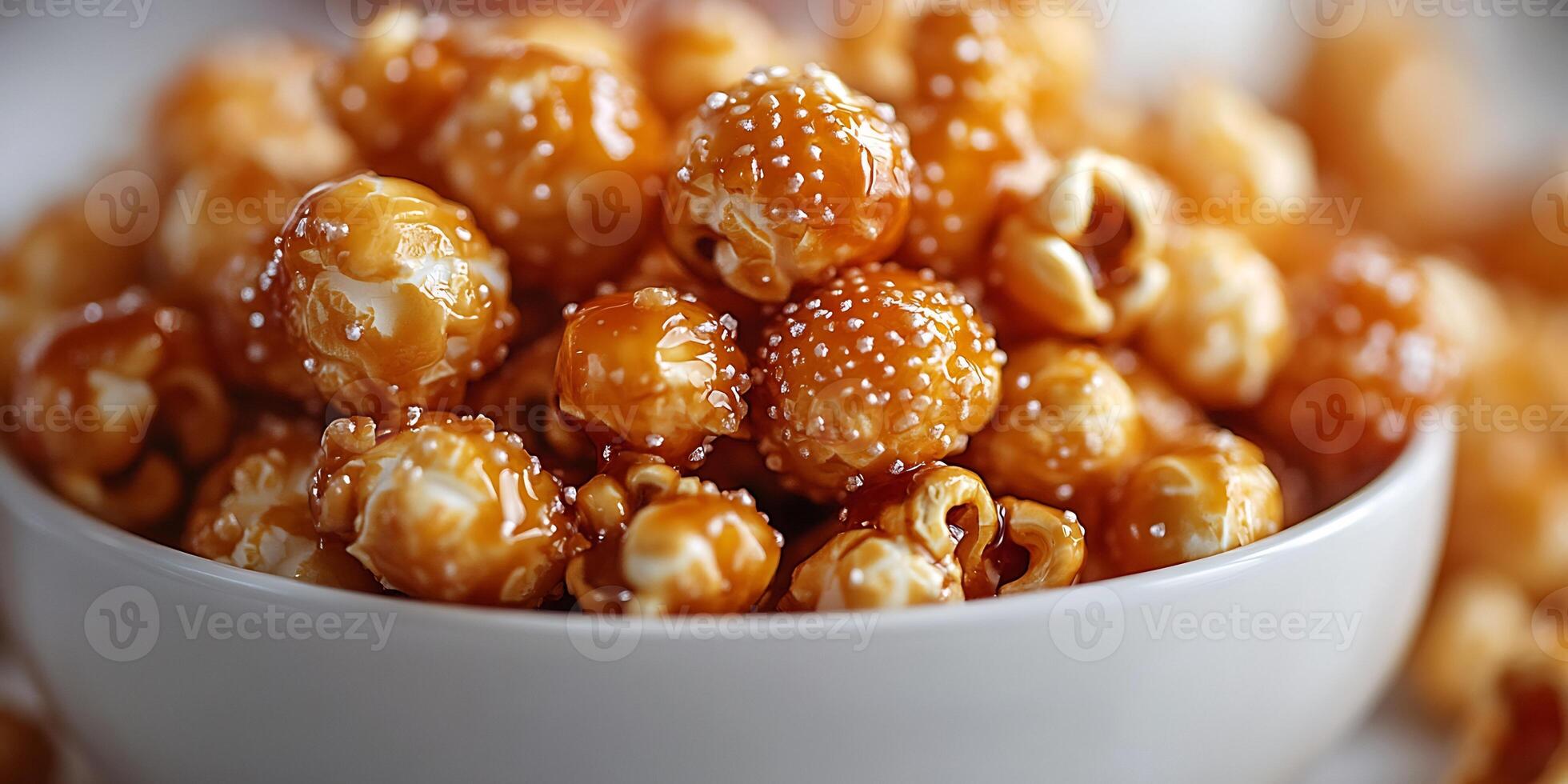 Closeup of caramel popcorn in a heap on a white background golden and glossy photo