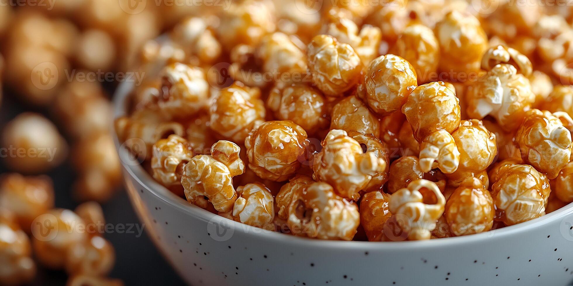 Closeup of caramel popcorn in a heap on a white background golden and glossy photo