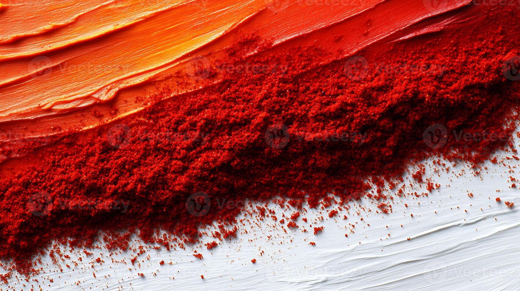 Closeup of ground paprika sprinkled across a white background showing its vibrant red color and spicy nature photo