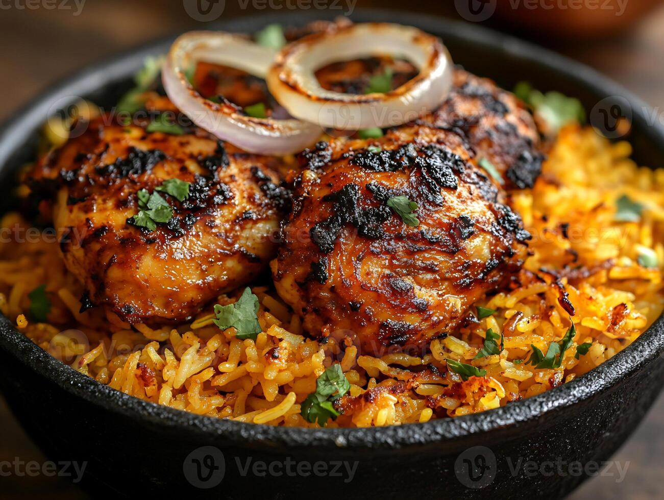 Closeup of spicy chicken biryani with saffron rice garnished with fried onions and coriander leaves photo