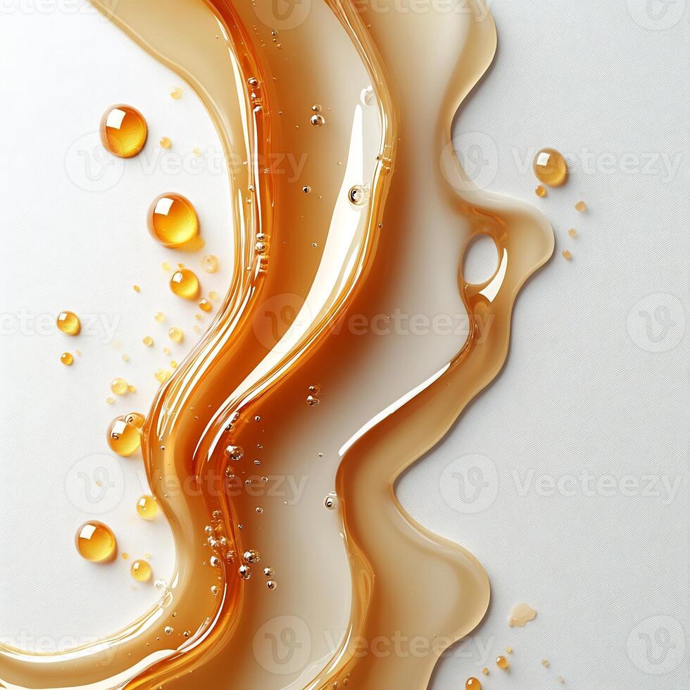 Drizzle of caramel sauce creating an abstract pattern on a pristine white background smooth and glossy photo