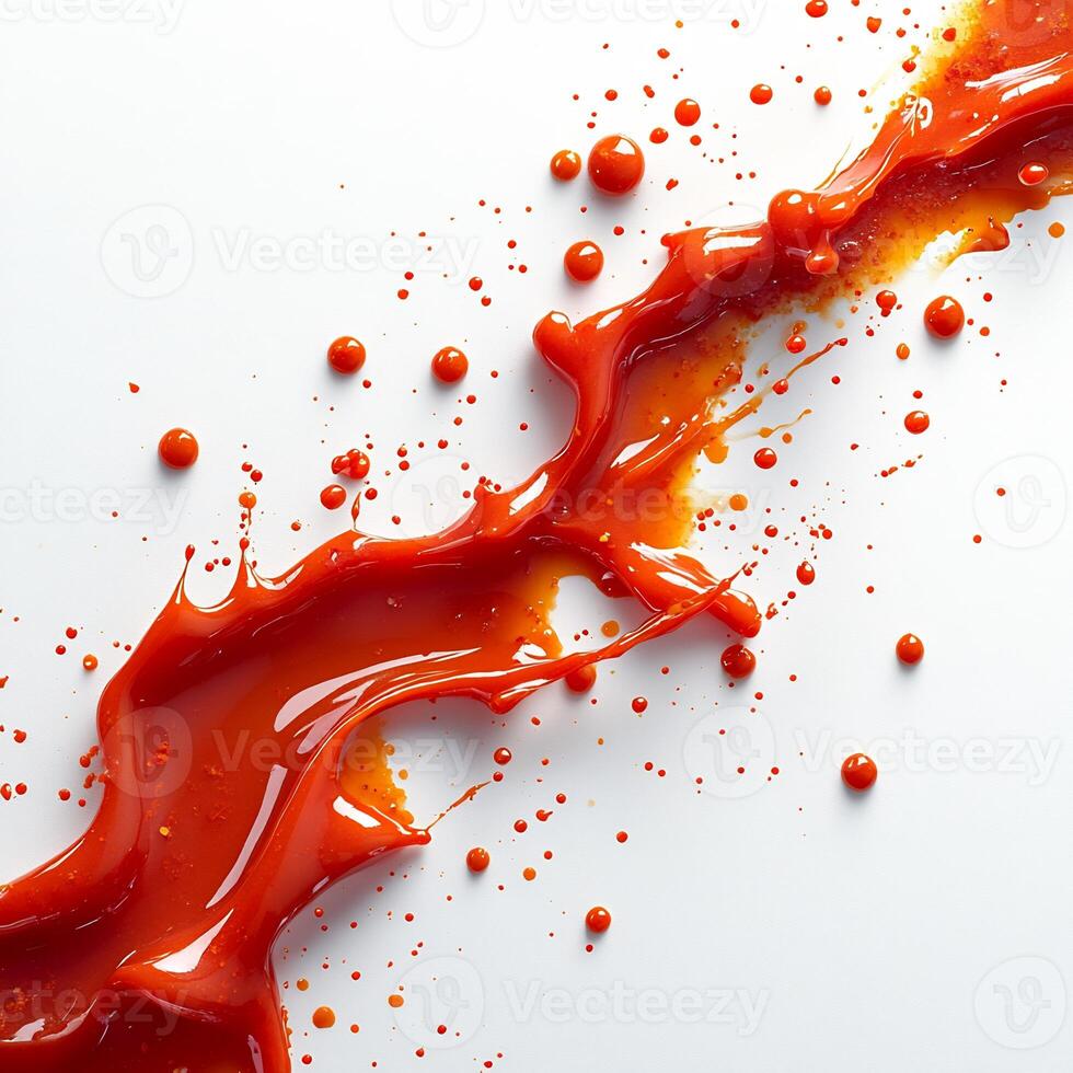 Drizzle of fiery harissa sauce creating an abstract splash on a white background vibrant and bold photo