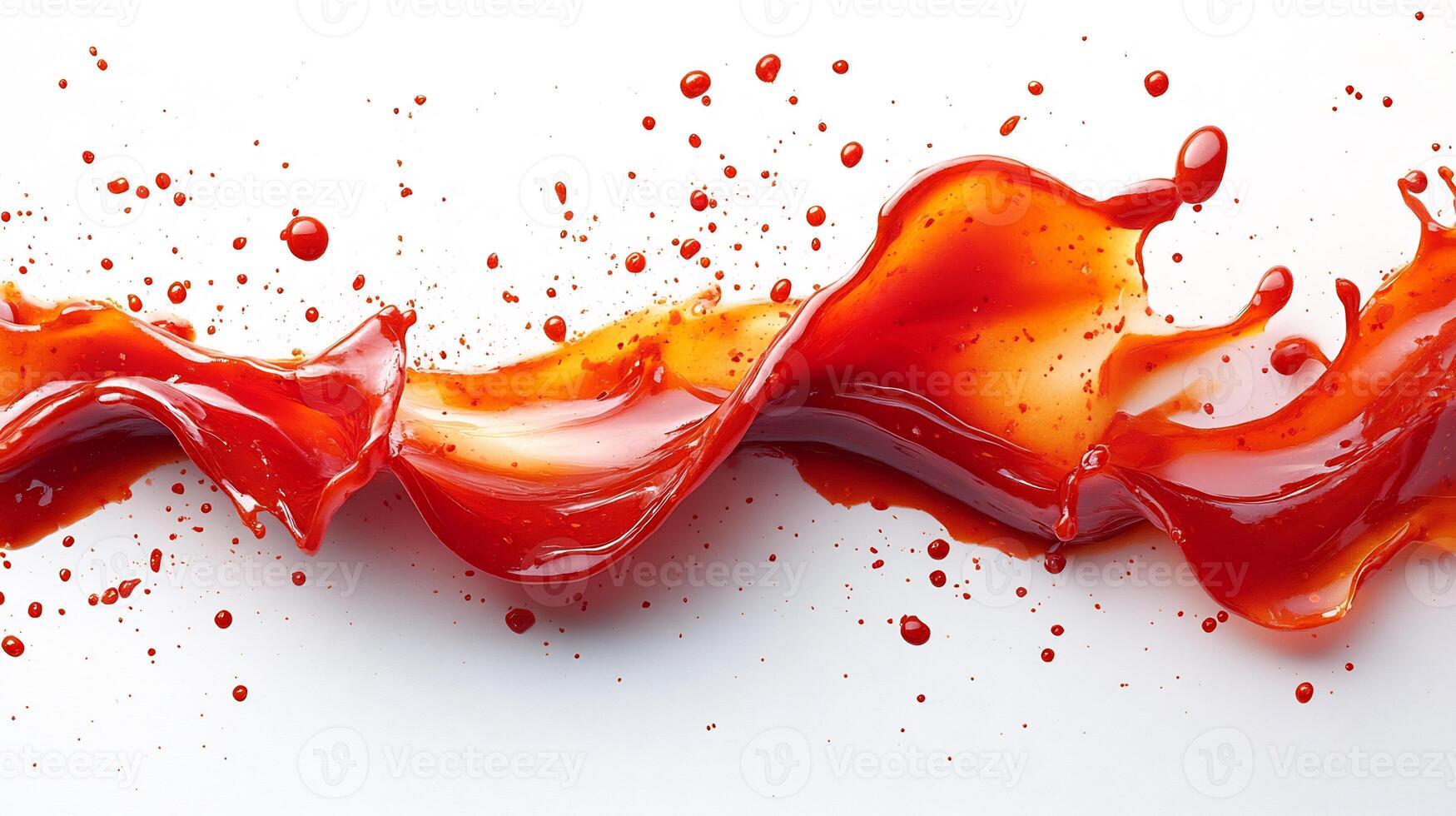 Drizzle of spicy hot chili sauce creating an artistic pattern on a pure white background photo