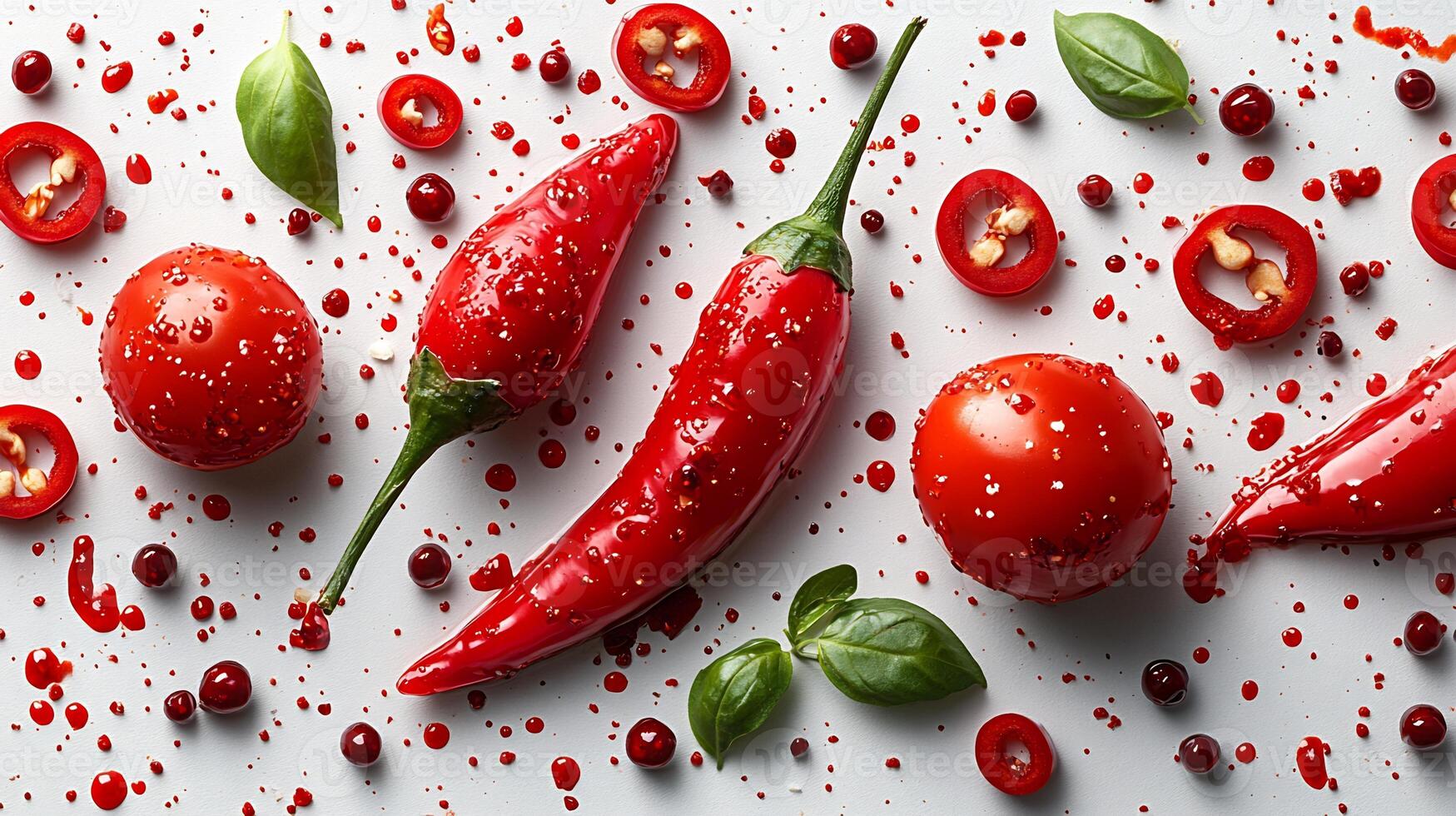 Drizzle of spicy hot chili sauce creating an artistic pattern on a pure white background photo