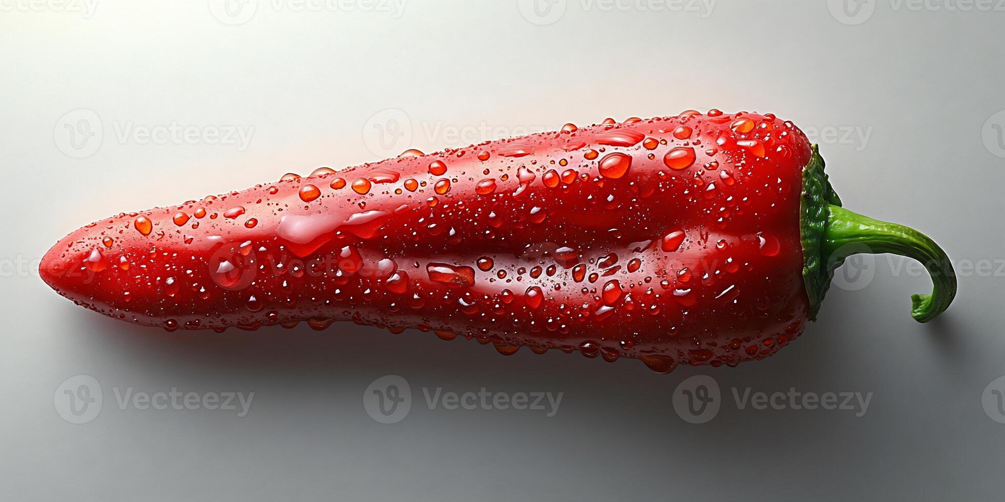 Fiery red chili pepper with droplets of water on it placed on a clean white background vibrant and fresh photo