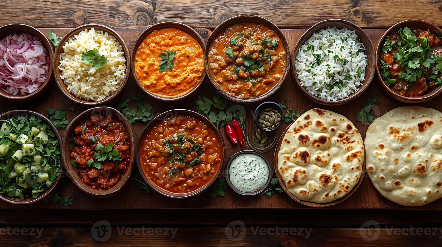 Feast of North Indian dishes including dal makhani butter chicken naan and raita on a festive table photo