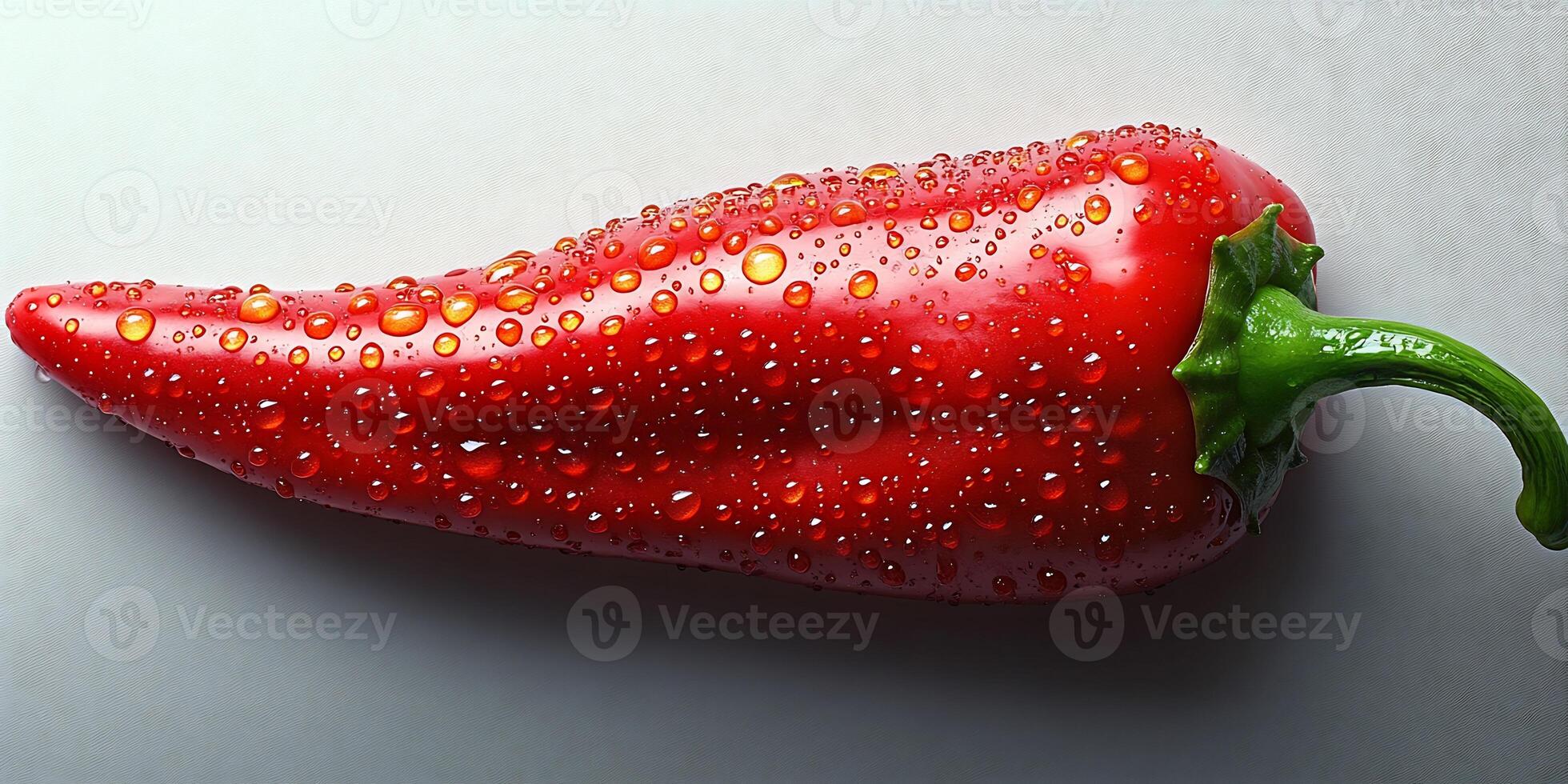 Fiery red chili pepper with droplets of water on it placed on a clean white background vibrant and fresh photo