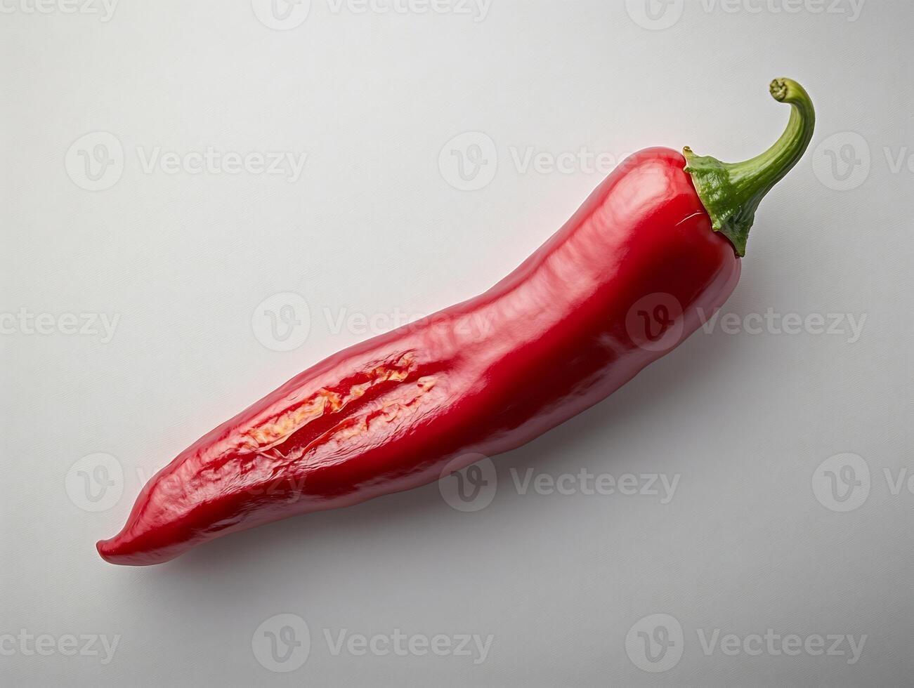 Fresh red chili pepper sliced lengthwise displayed on a clean white background bold and spicy photo