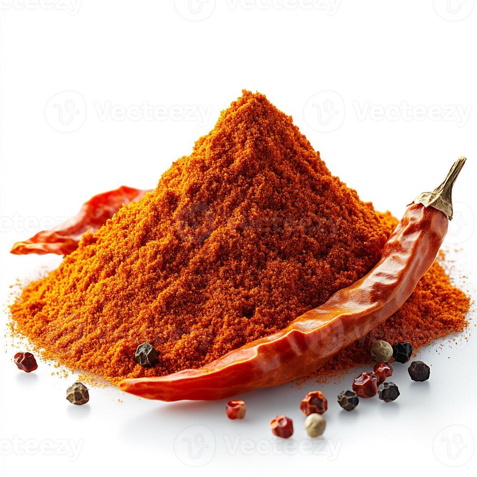 Heap of cayenne pepper powder arranged in a small pile on a clean white background intense and fiery photo