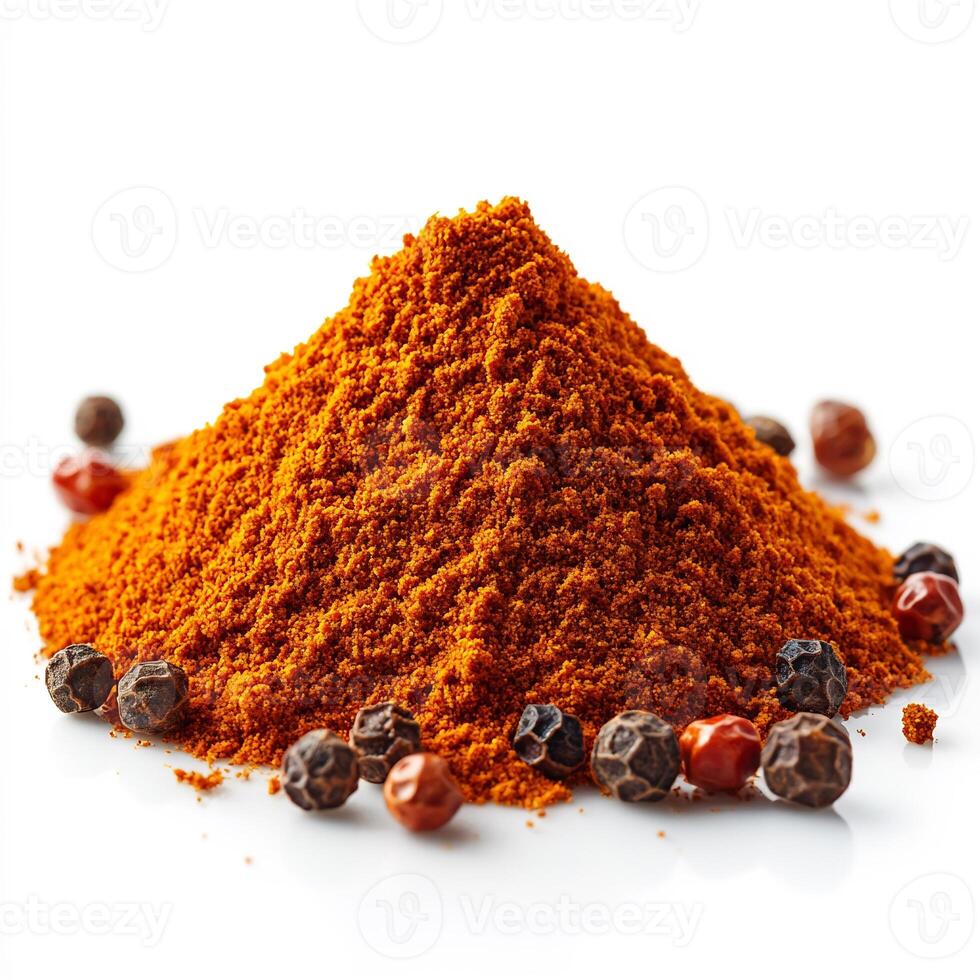 Heap of cayenne pepper powder arranged in a small pile on a clean white background intense and fiery photo