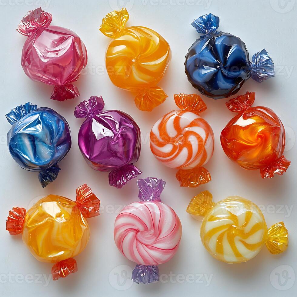Heap of colorful hard candies in wrappers arranged on a clean white background bold and playful photo