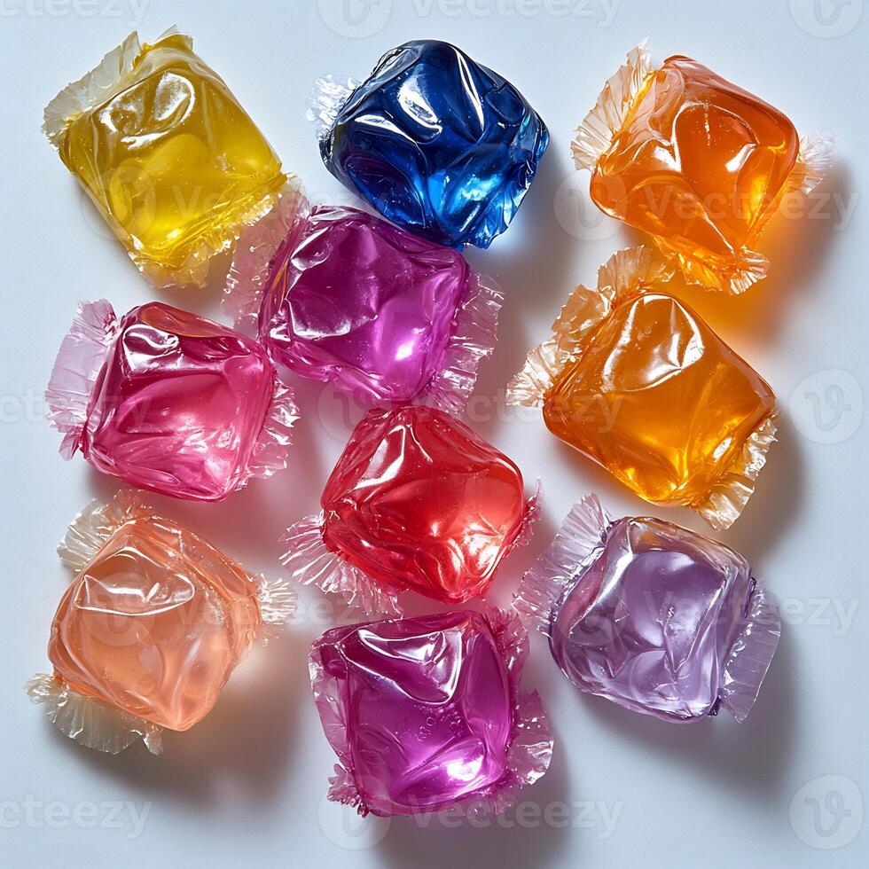 Heap of colorful hard candies in wrappers arranged on a clean white background bold and playful photo