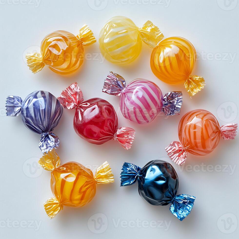 Heap of colorful hard candies in wrappers arranged on a clean white background bold and playful photo