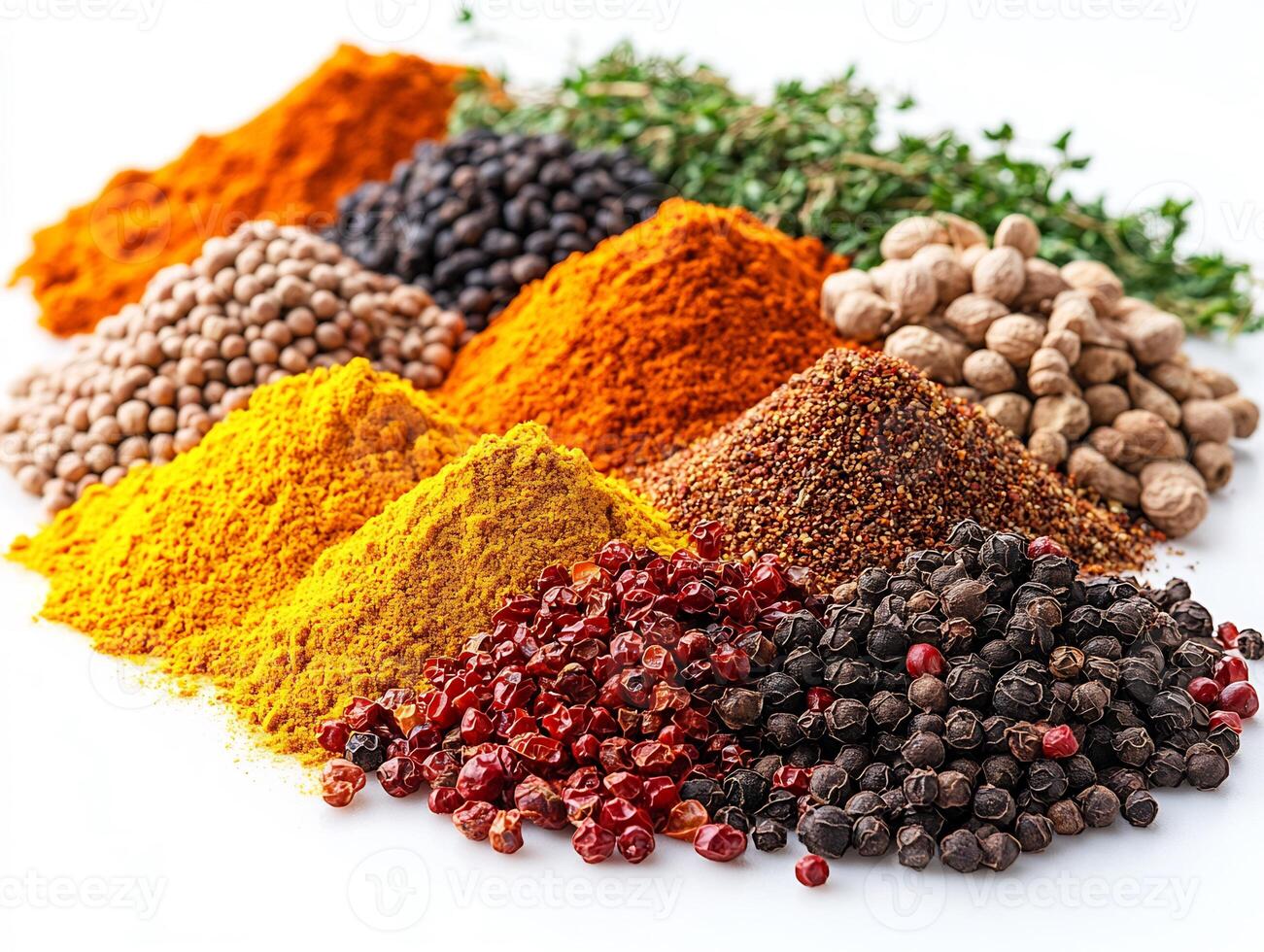 Heap of colorful spices like turmeric cumin and chili powder arranged on a clean white background photo