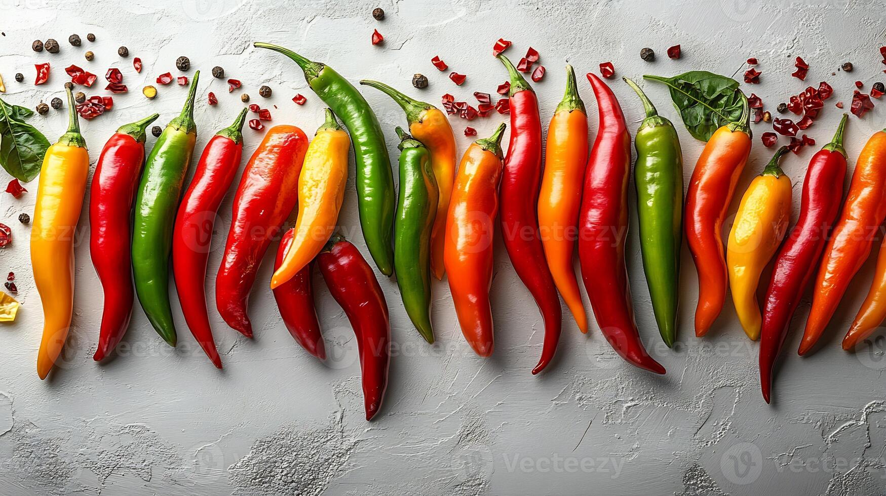 Mix of red and green chilies spread across a pristine white background vibrant and fiery photo
