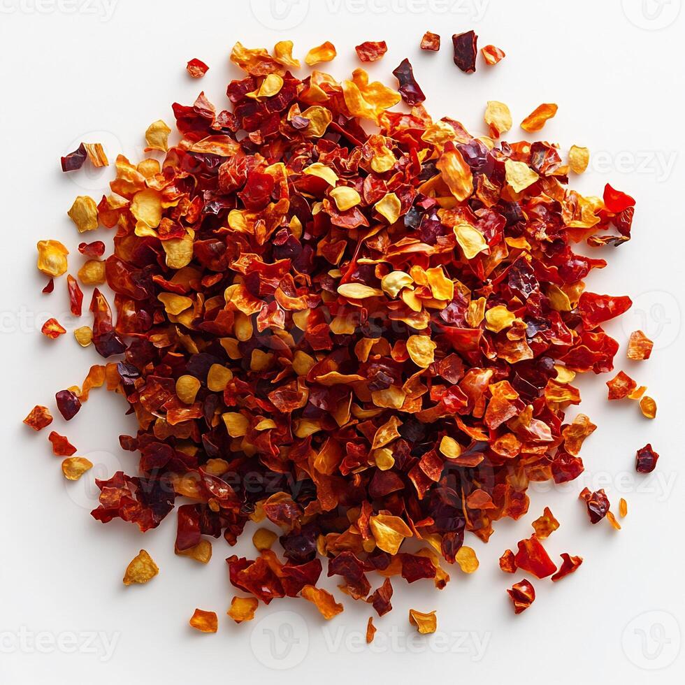 Pile of dried chili flakes placed in the center of a white background creating a bold spicy statement photo
