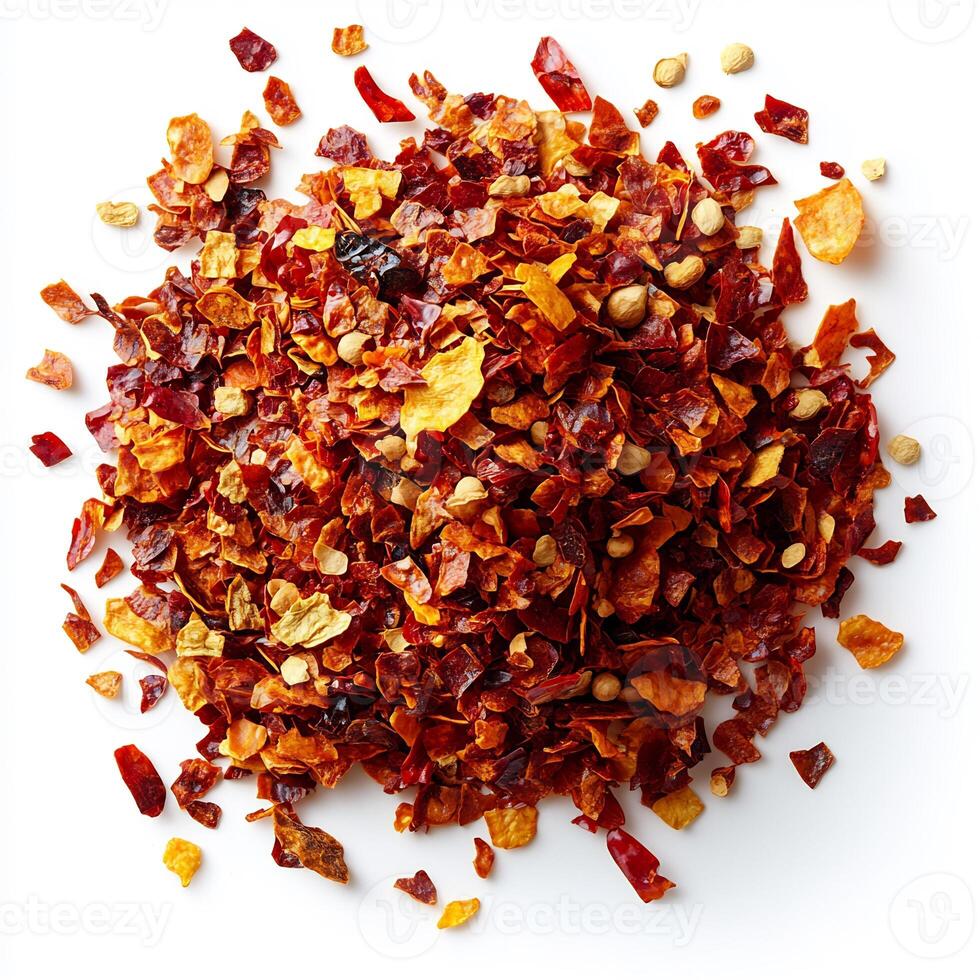 Pile of dried chili flakes placed in the center of a white background creating a bold spicy statement photo