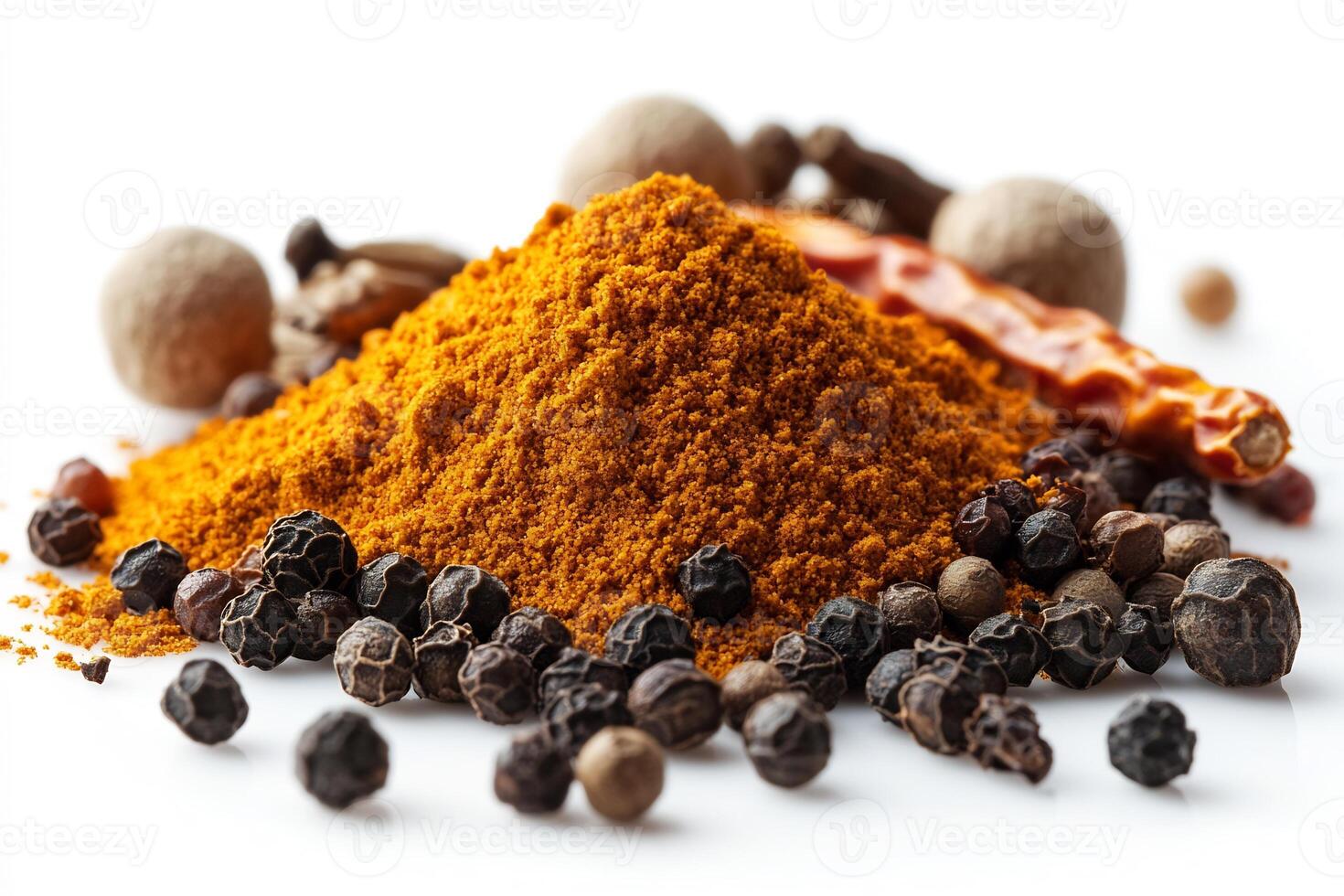 Pile of dried chili powder surrounded by black peppercorns and cumin seeds all placed on a white background photo
