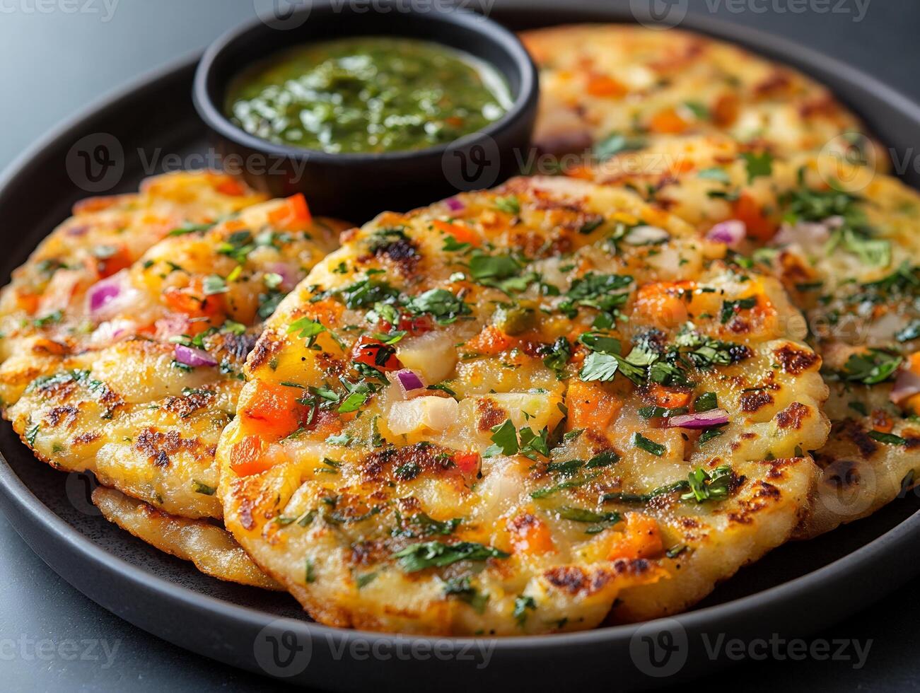 Plate of masala uttapam topped with vegetables and served with sambar and coconut chutney a South Indian favorite photo