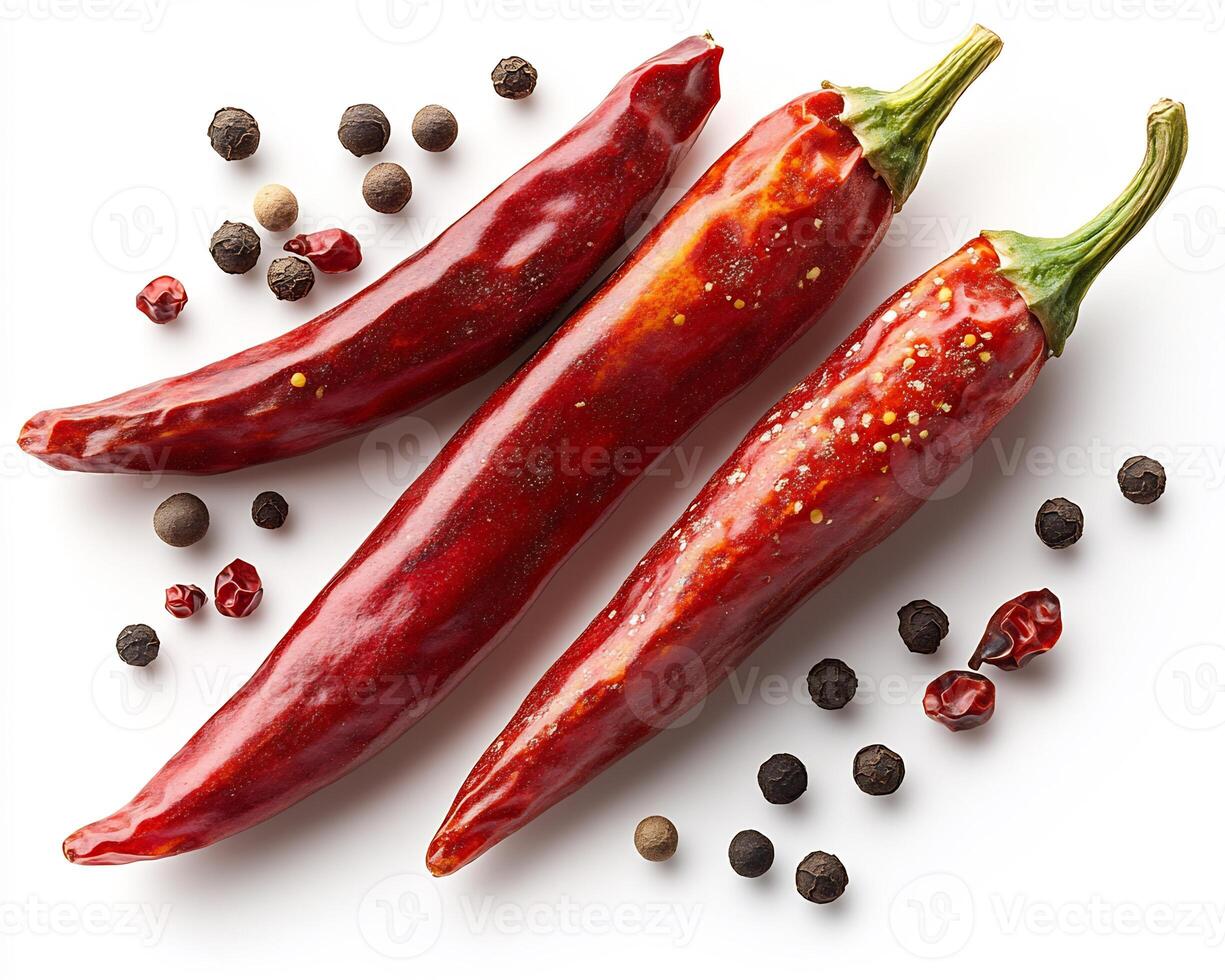 Single dried red chili with cumin seeds and peppercorns scattered on a white background minimal and spicy photo