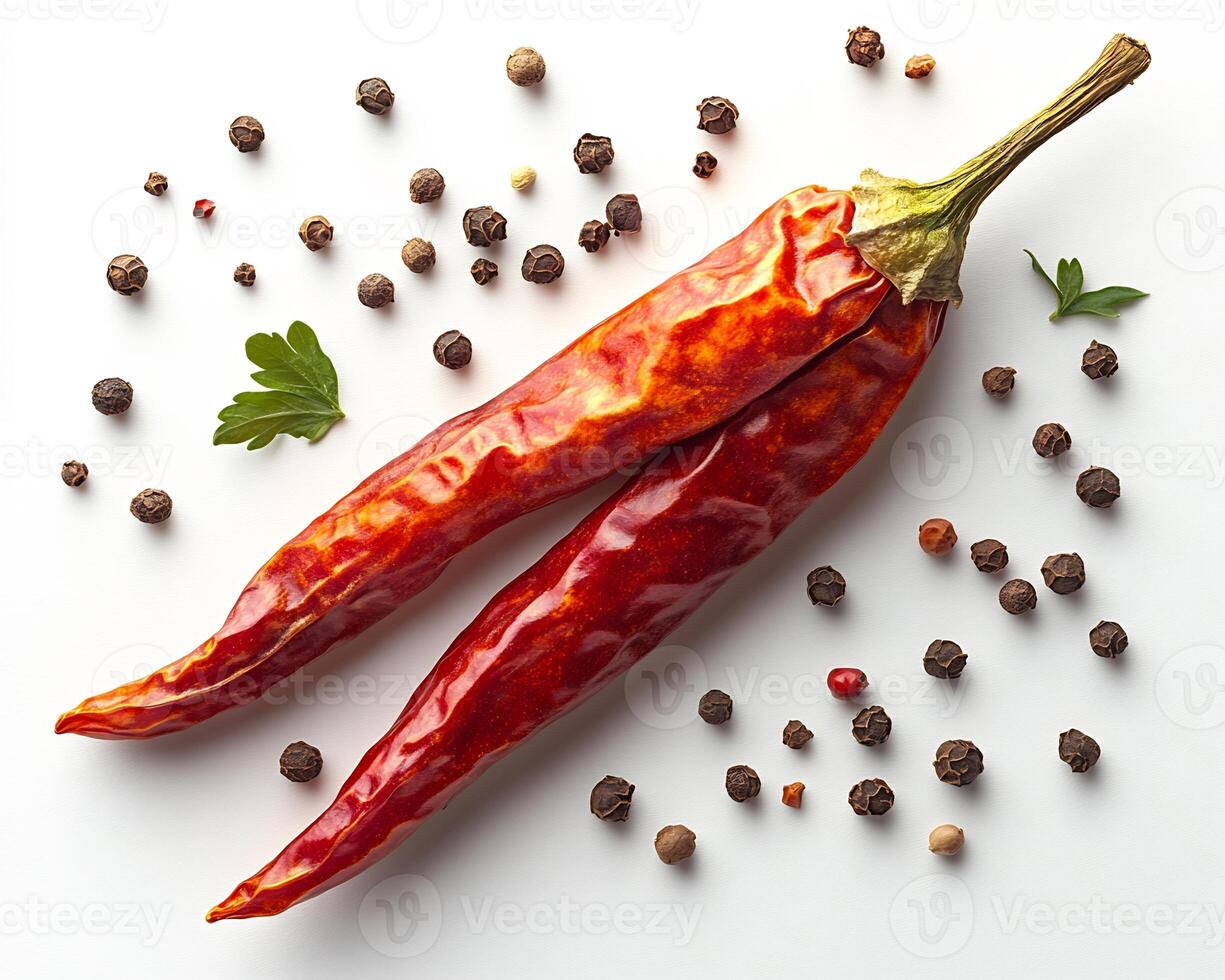 Single dried red chili with cumin seeds and peppercorns scattered on a white background minimal and spicy photo