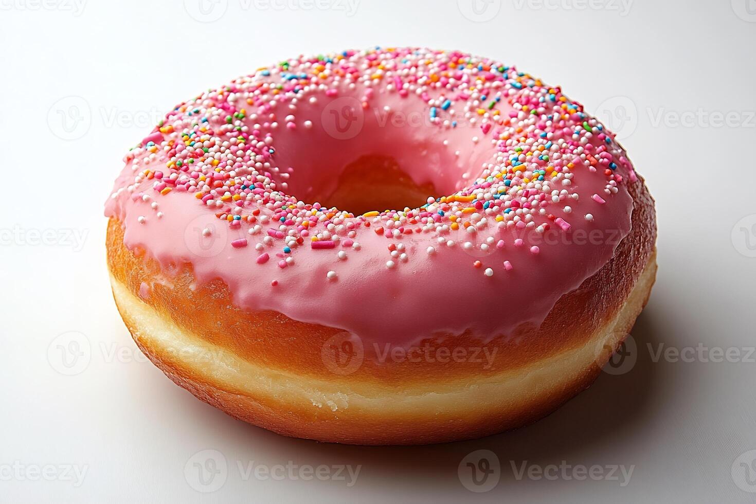Single pink frosted doughnut with sprinkles on a white background minimalistic and sweet photo