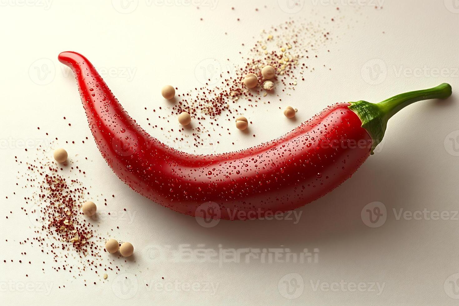 Single red chili pepper with a few coriander seeds on a white background minimalistic and bold photo