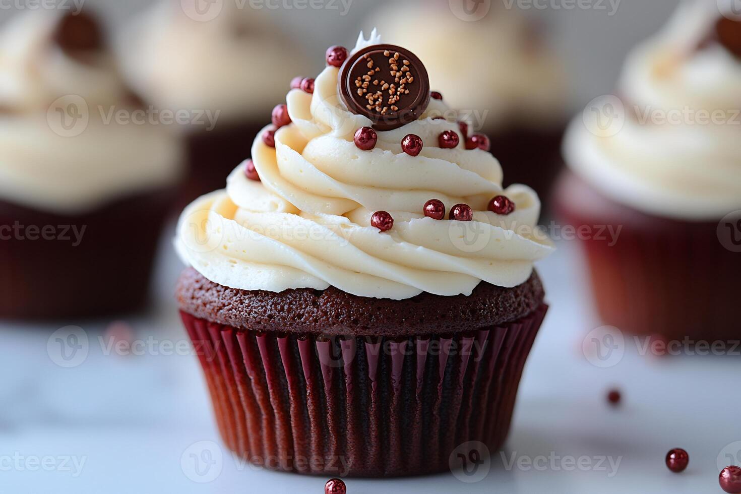 Single red velvet cupcake with cream cheese frosting set on a white background bold and indulgent photo