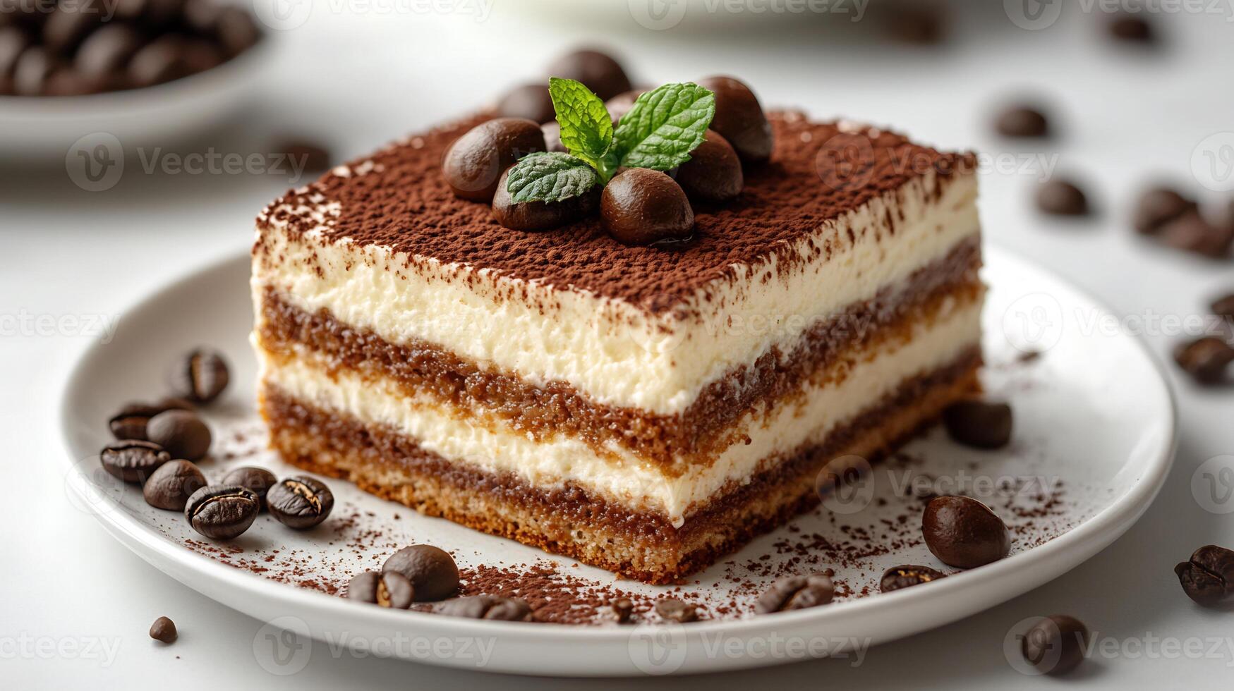 Slice of classic tiramisu with layers of cream and coffeesoaked cake on a clean white background photo