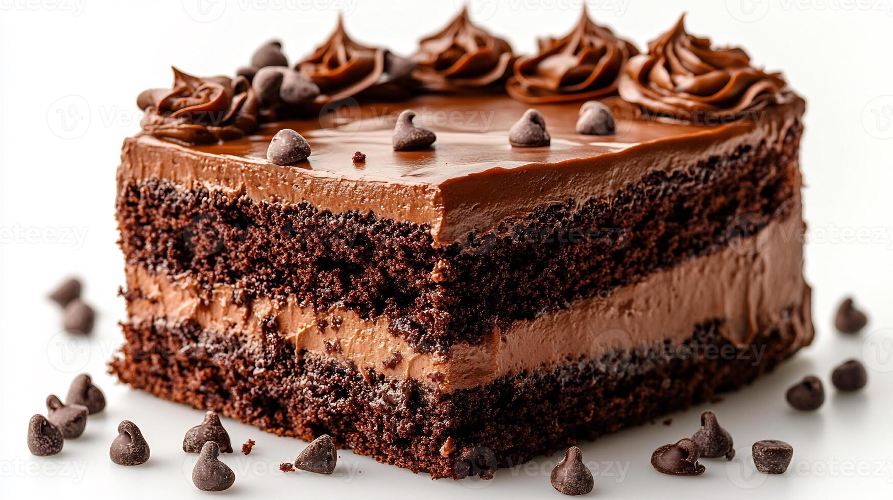 Slice of rich chocolate cake with layers of ganache and frosting on a white background decadent and sweet photo