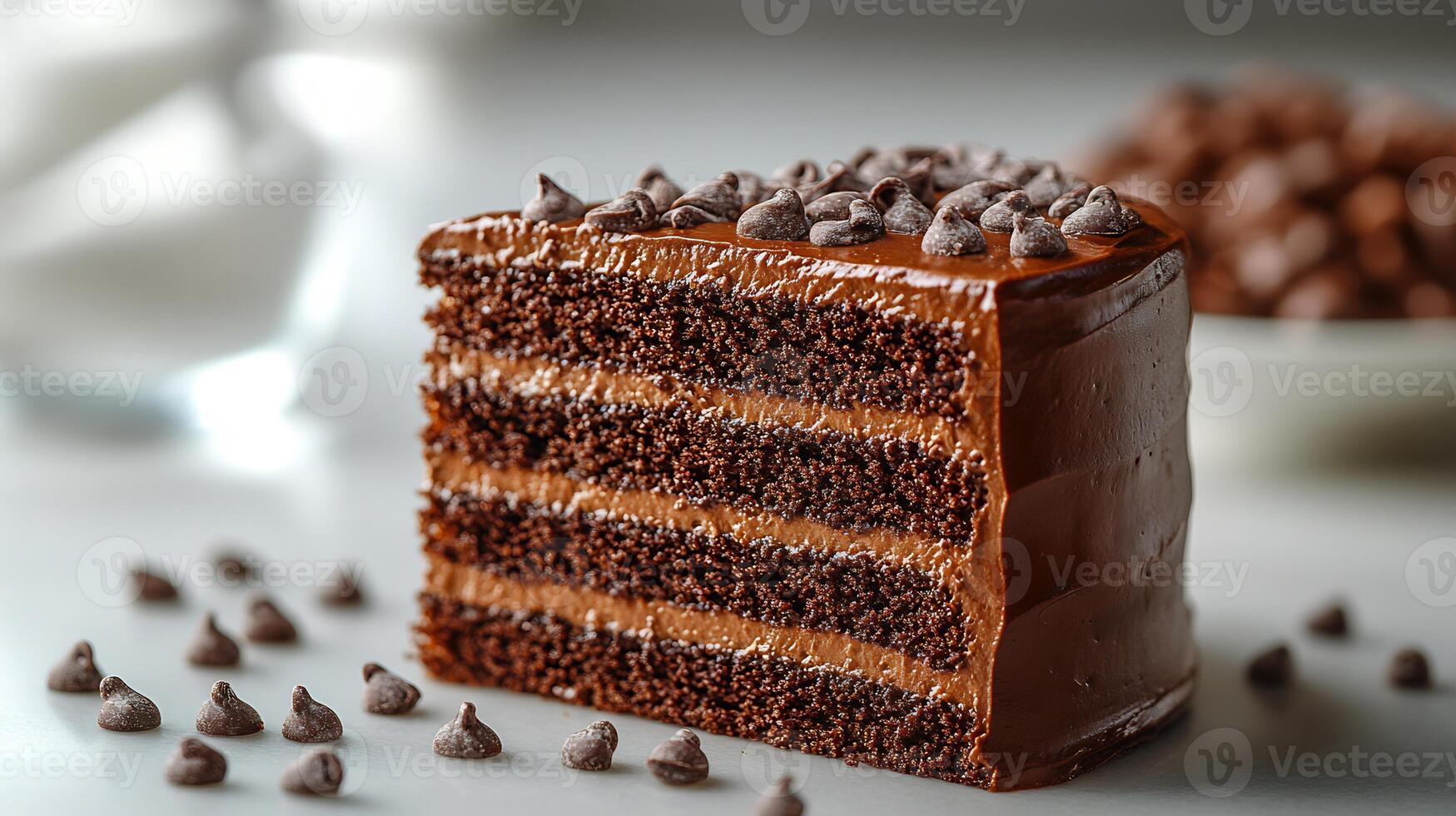 Slice of rich chocolate cake with layers of ganache and frosting on a white background decadent and sweet photo