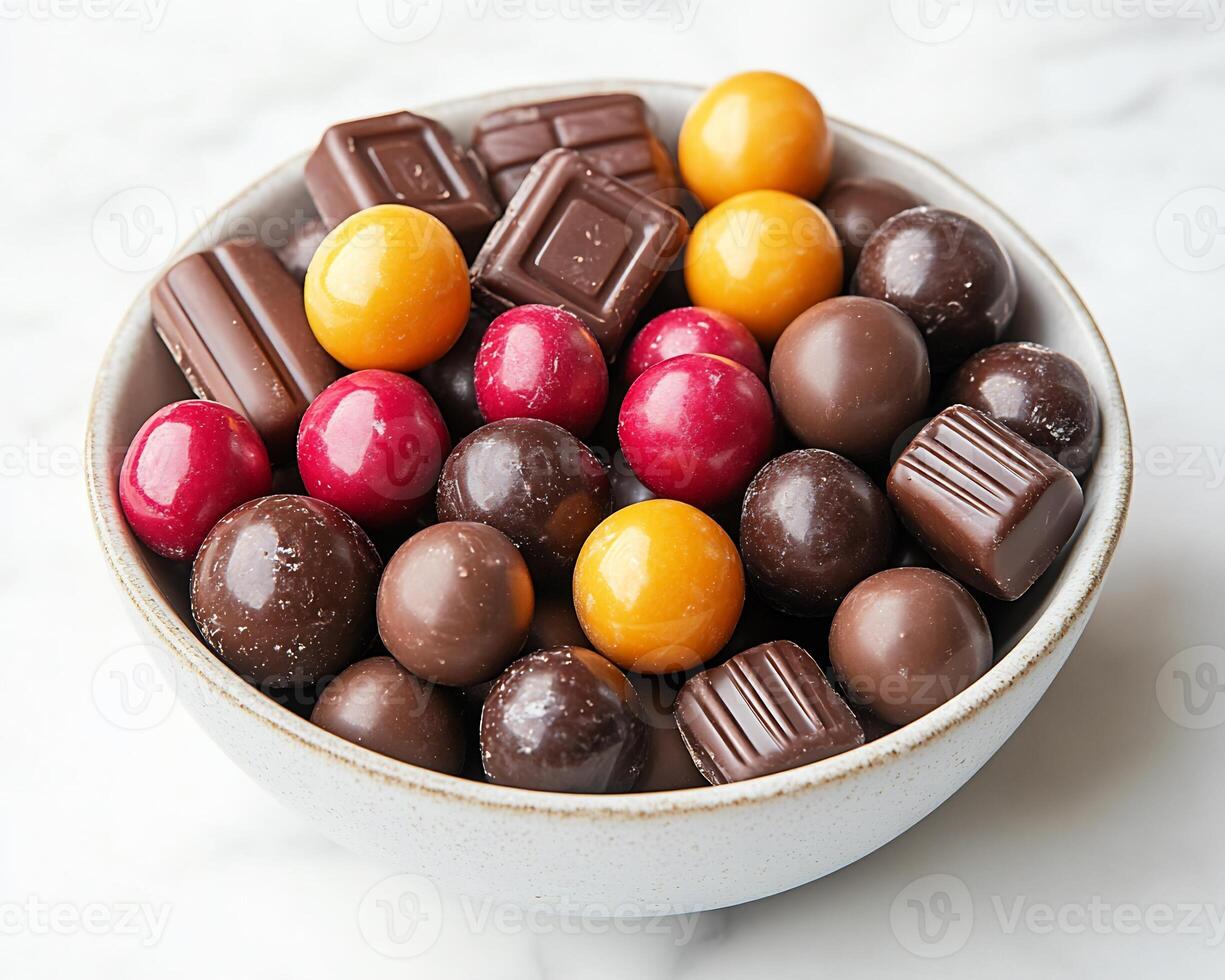 Small bowl of assorted candycoated chocolates placed on a white background colorful and fun photo