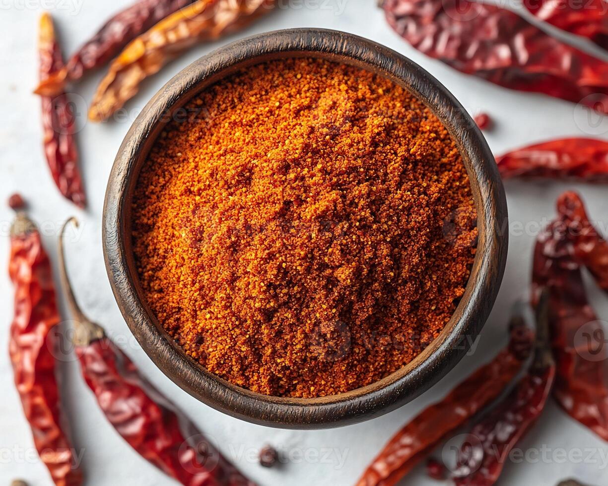 Small bowl of freshly ground cayenne pepper placed in the middle of a white background surrounded by whole dried chilies photo