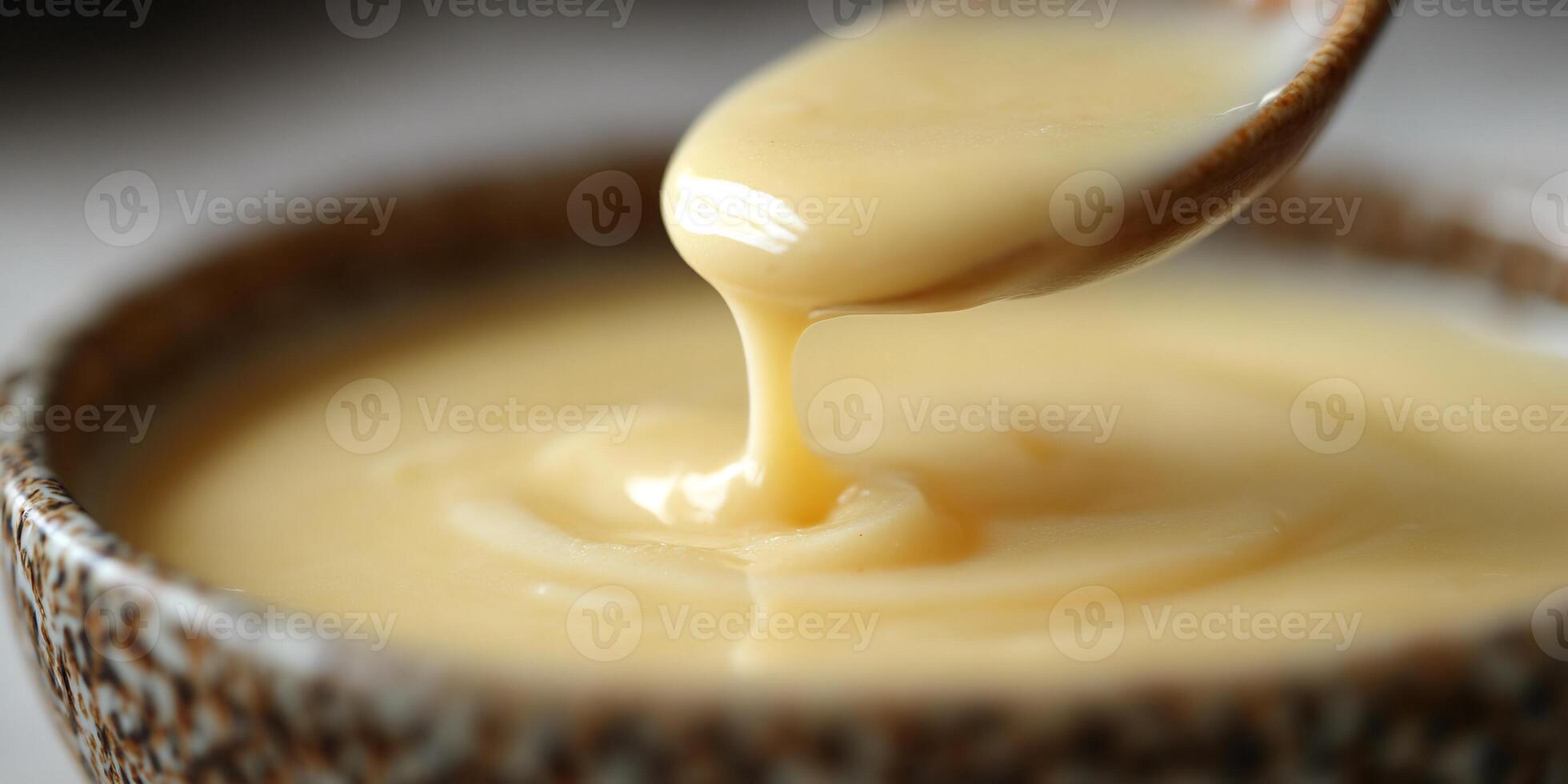 Small bowl of creamy garlic sauce with a spoonful dripping onto a white background rich and smooth photo