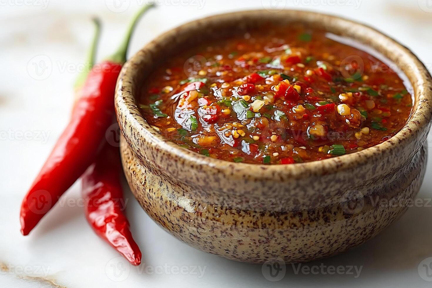 Small bowl of spicy chili sauce placed on a white background with a single red chili beside it photo