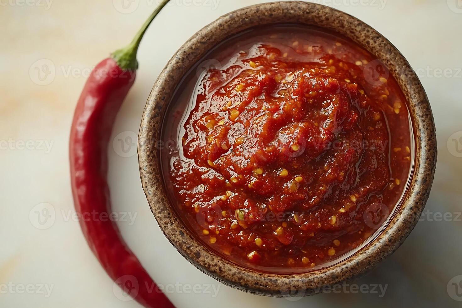 Small bowl of spicy chili sauce placed on a white background with a single red chili beside it photo