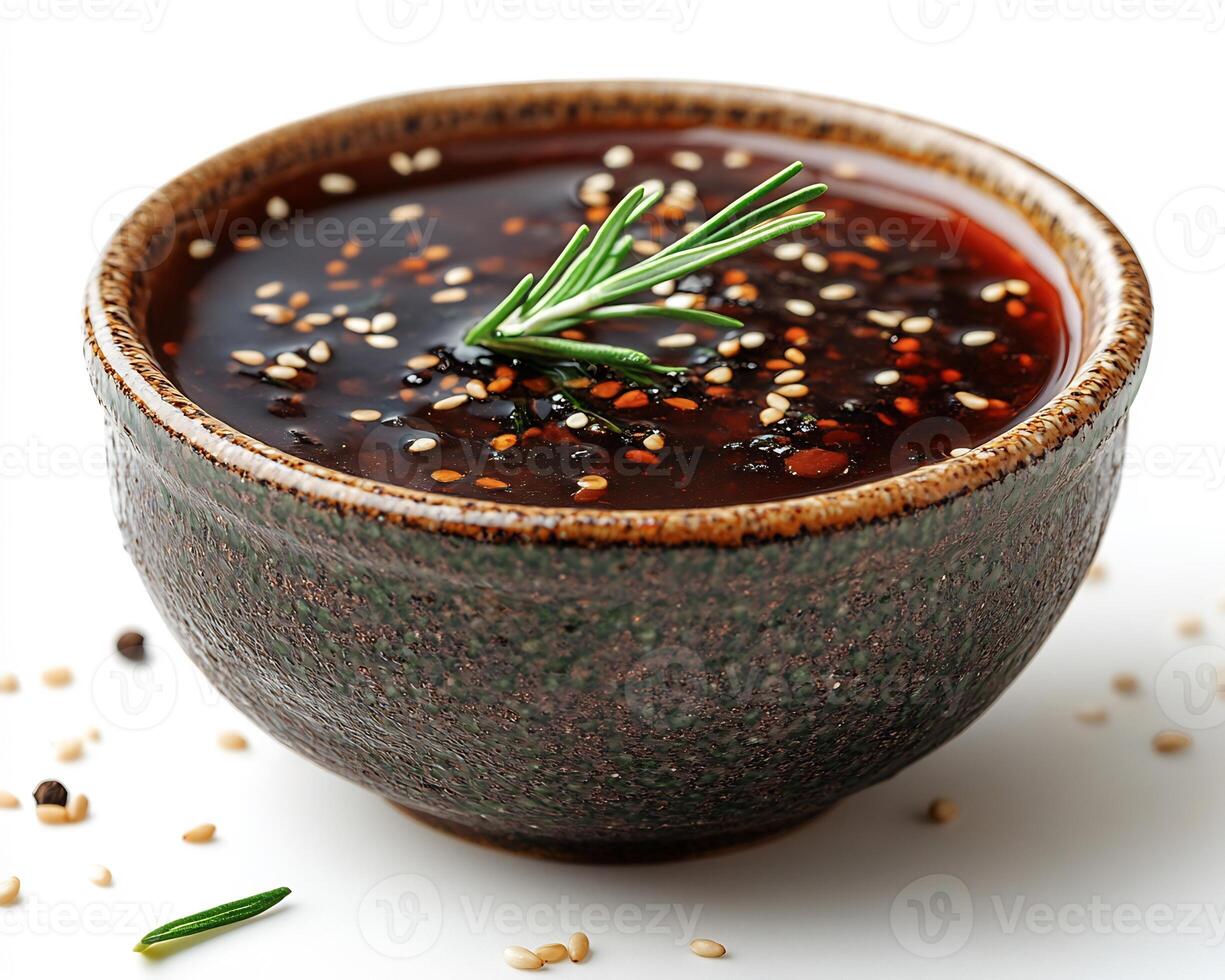 Small bowl of tangy hoisin sauce placed on a white background with sesame seeds scattered around photo