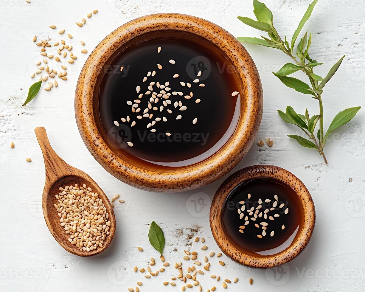 Small bowl of tangy hoisin sauce placed on a white background with sesame seeds scattered around photo