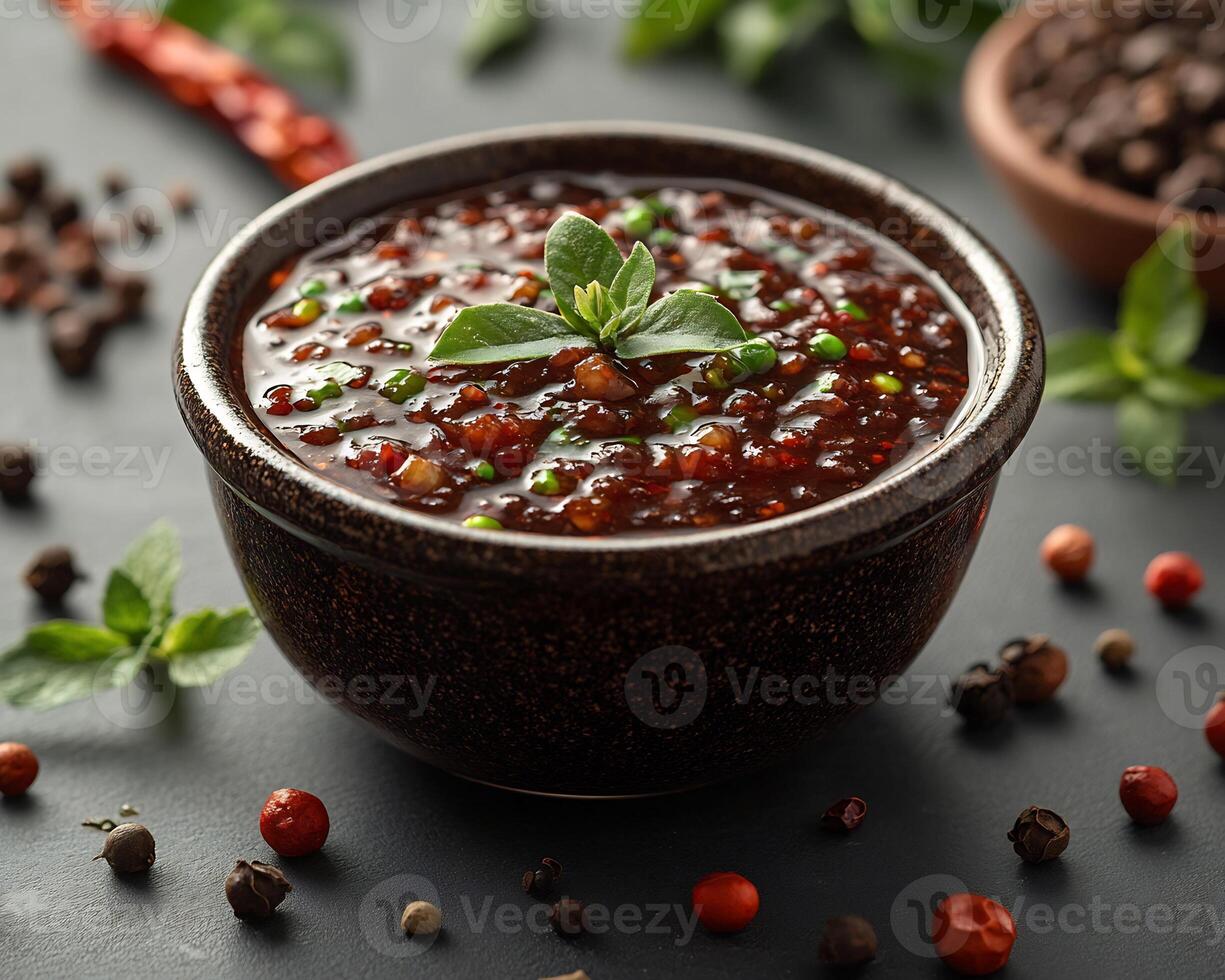 Small bowl of tangy tamarind sauce surrounded by a few scattered spices on a clean white background photo