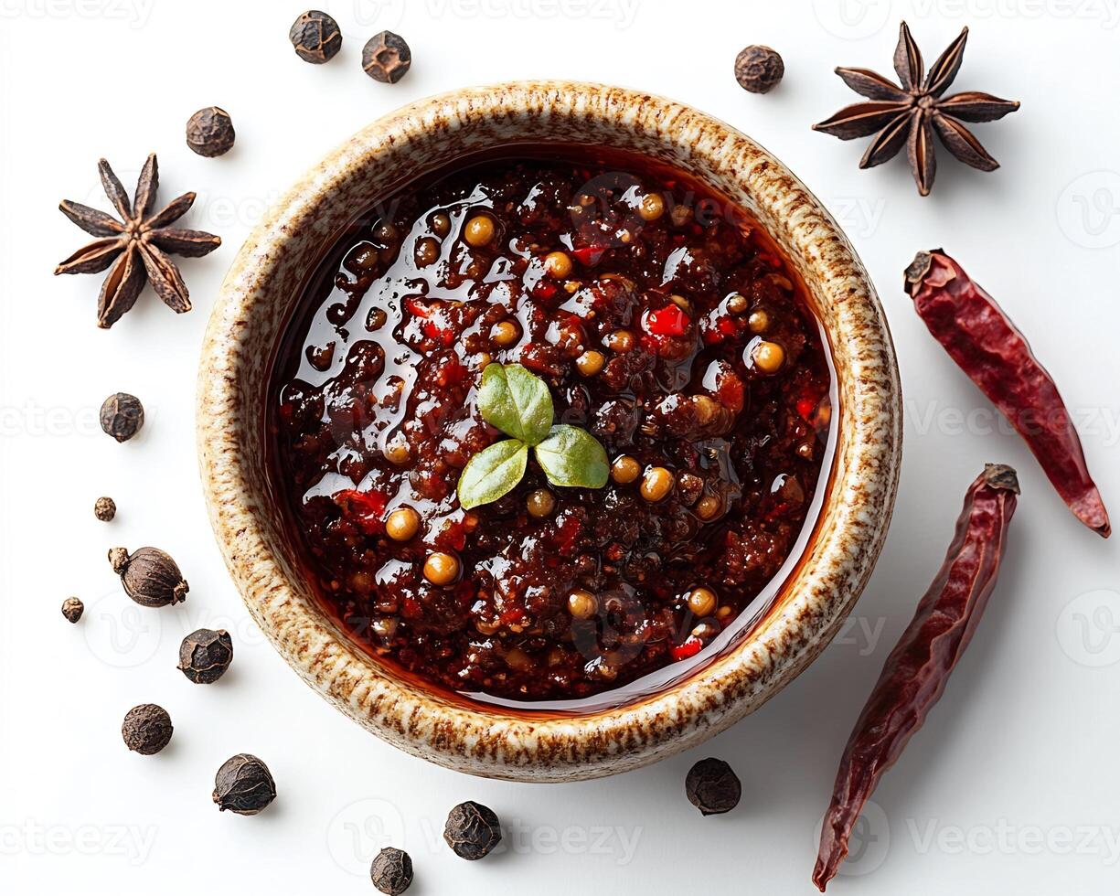 Small bowl of tangy tamarind sauce surrounded by a few scattered spices on a clean white background photo