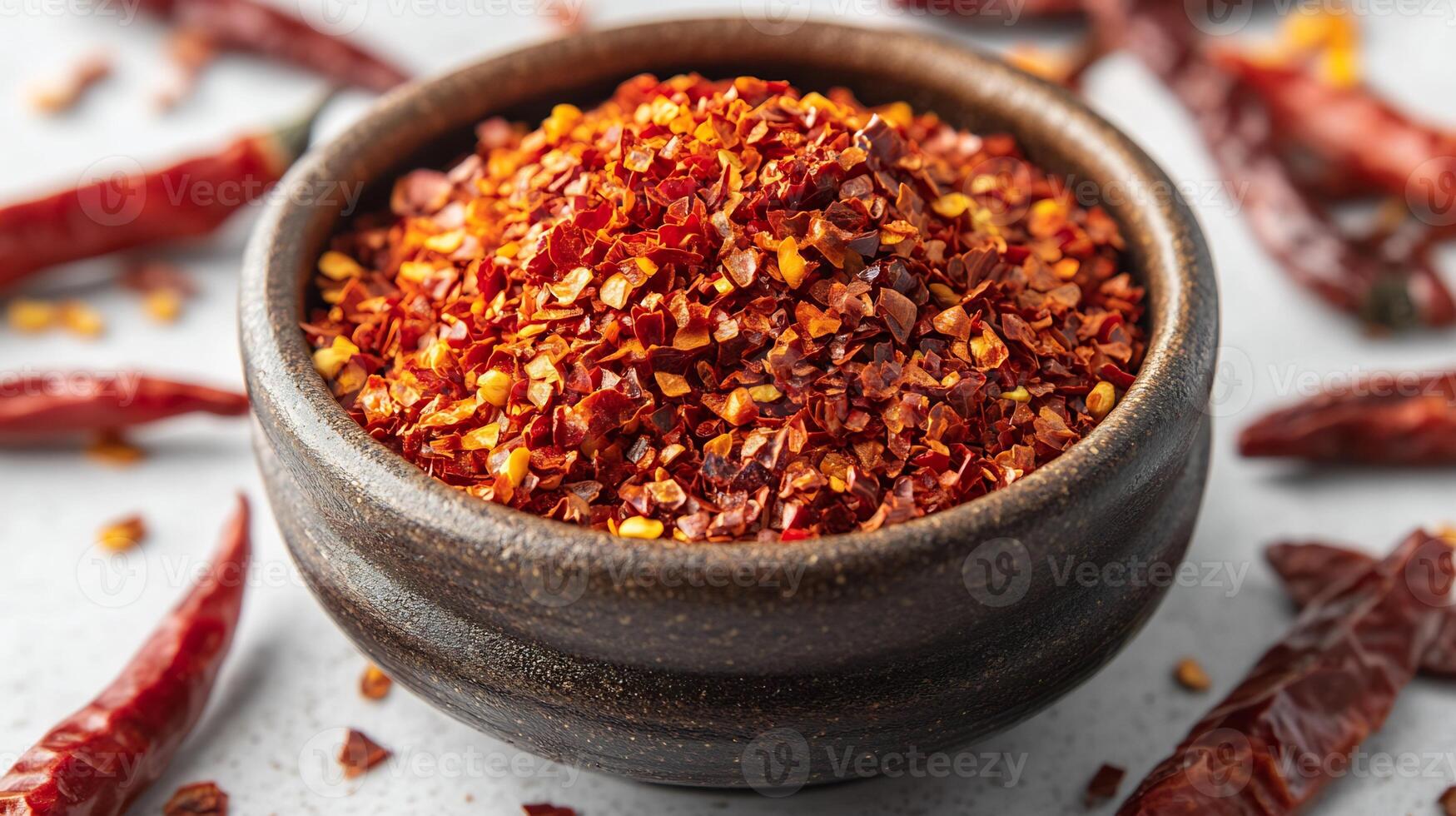 Small dish of crushed red pepper flakes with whole dried chilies surrounding it on a white background photo