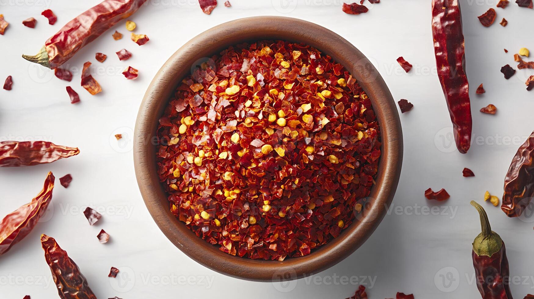 Small dish of crushed red pepper flakes with whole dried chilies surrounding it on a white background photo