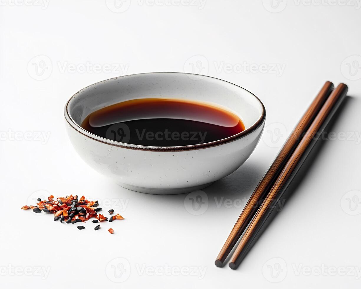 Small dish of soy sauce with chopsticks placed beside it on a white background simple and elegant photo