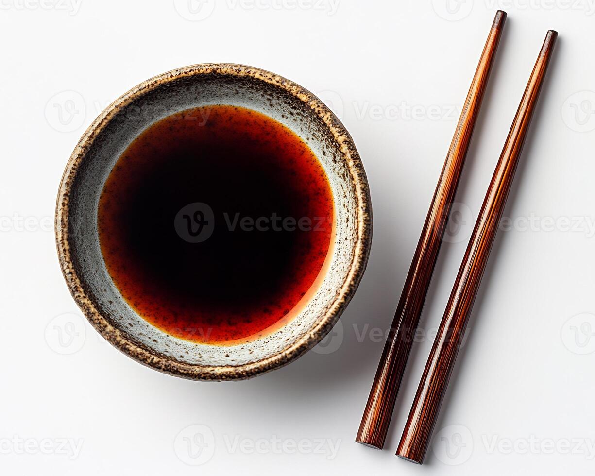 Small dish of soy sauce with chopsticks placed beside it on a white background simple and elegant photo