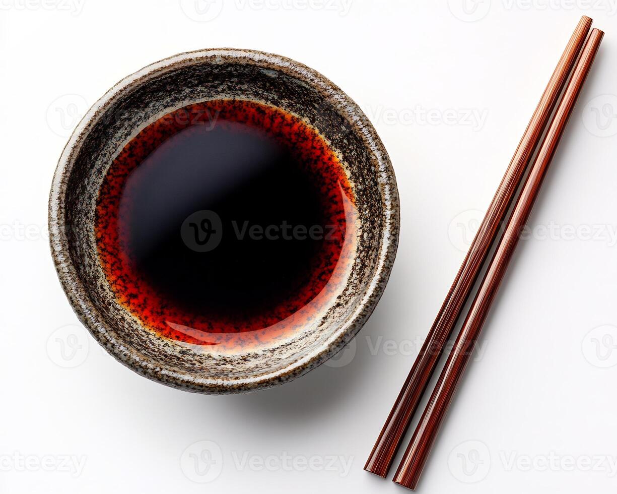 Small dish of soy sauce with chopsticks placed beside it on a white background simple and elegant photo