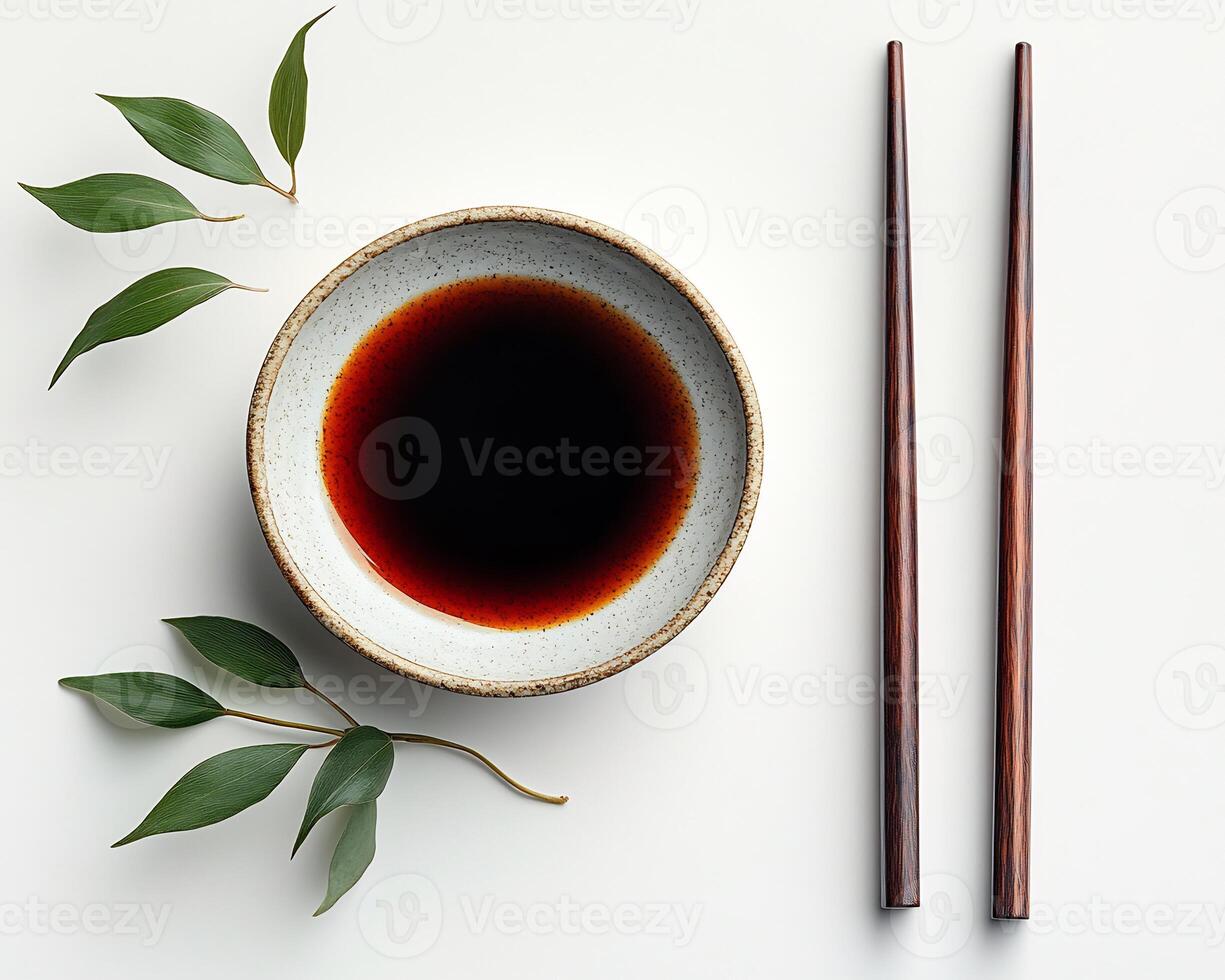 Small dish of soy sauce with chopsticks placed beside it on a white background simple and elegant photo
