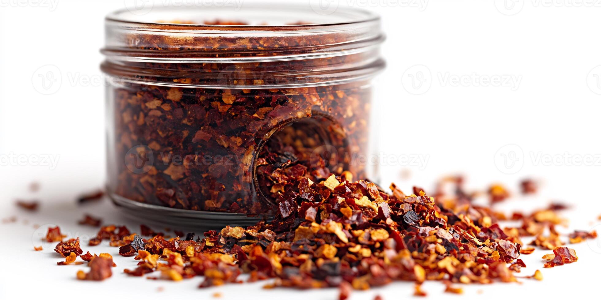 Small jar of spicy red pepper flakes open on a white background with a few flakes spilling out photo