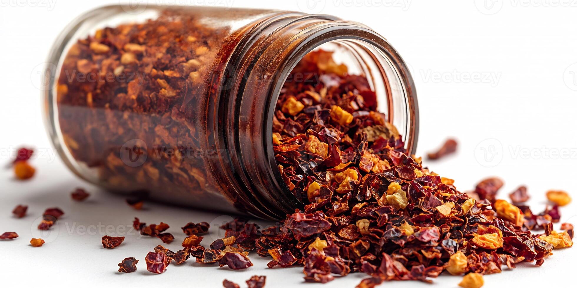 Small jar of spicy red pepper flakes open on a white background with a few flakes spilling out photo