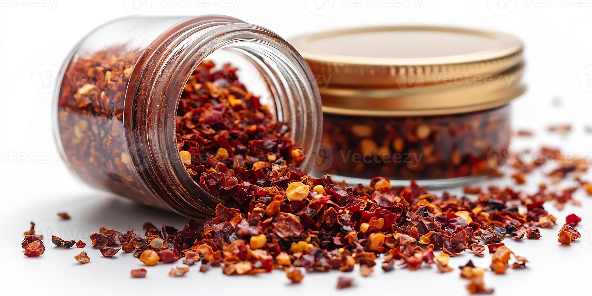 Small jar of spicy red pepper flakes open on a white background with a few flakes spilling out photo