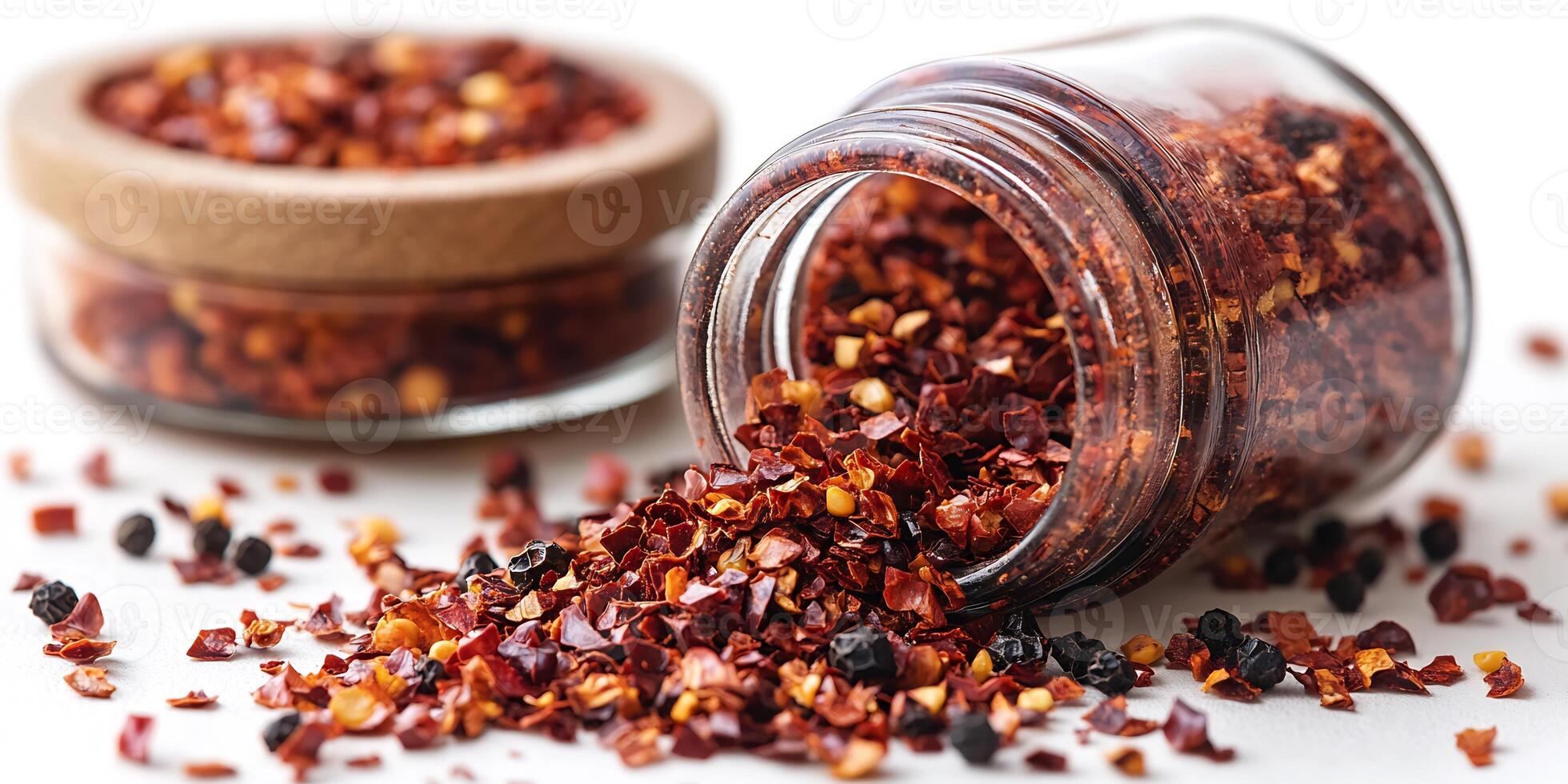 Small jar of spicy red pepper flakes open on a white background with a few flakes spilling out photo